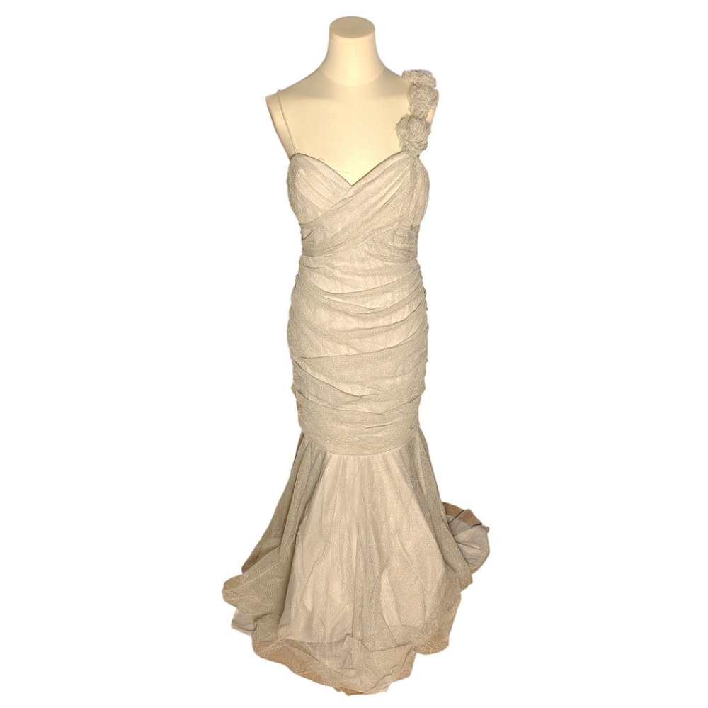 New Betsy & Adam Dillard's Silver Twinkly Tulled Rose Strapped Dress Size 12